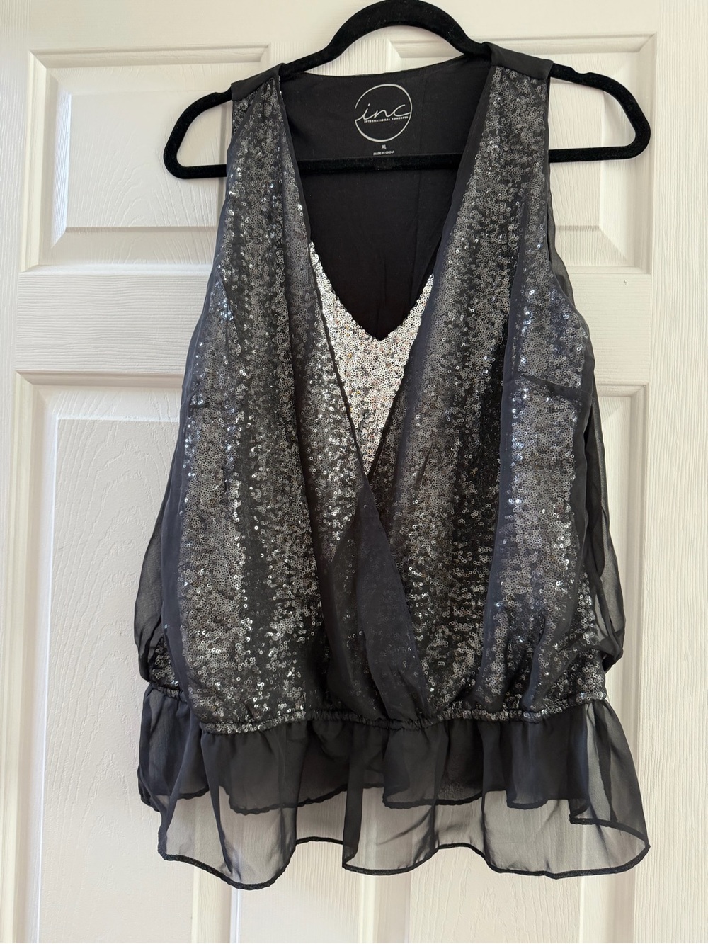 INC International Concepts Black Sequin Chiffon V-Neck Tank